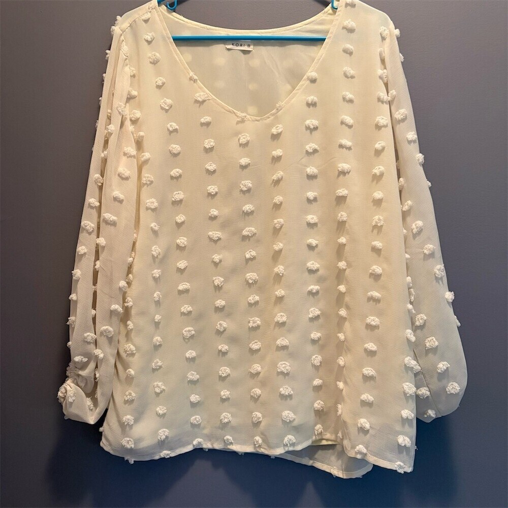 Kori Blouse Womens Size M Ivory Swiss Dot Sheer Textured V-Neck Oversized
